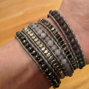 Grey and silver stone leather wrap bracelet